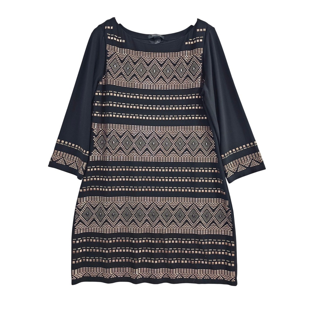 White House Black Market Dress Women L Black Rose Gold Studded Geometric Sheath